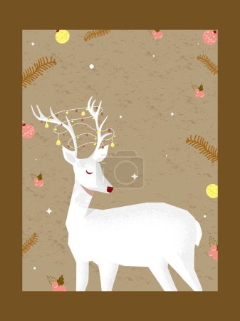 Ilustración de Carácter de reno blanco con adornos, bayas de acebo, hojas de abeto decoradas en el fondo y espacio de copia. - Imagen libre de derechos