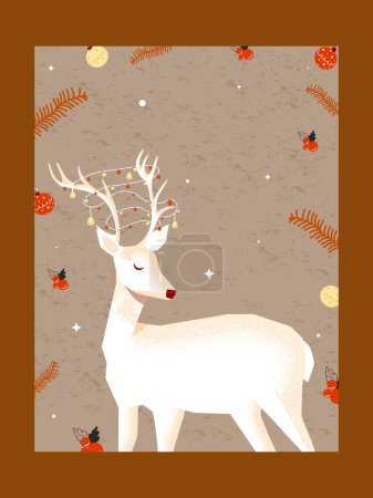 Ilustración de Carácter de reno blanco con adornos, bayas de acebo, hojas de abeto decoradas en el fondo y espacio de copia. - Imagen libre de derechos