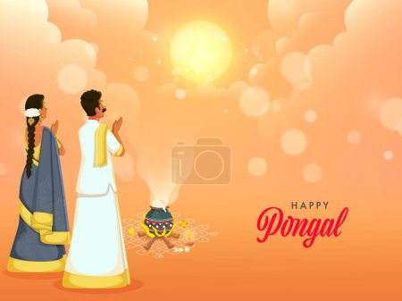 Happy Pongal Celebration Background with South Indian Couple Greeting Deity Surya Worship and Traditional Dish (Rice) Cooking at Bonfire.