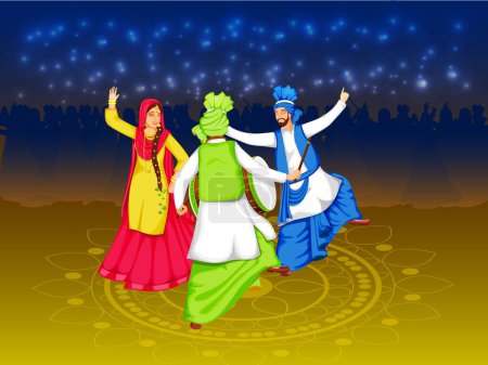 Illustration for Illustration of Cheerful Punjabi People Doing Bhangra Dance with Dhol Instrument on Bokeh Lights Effect Blue and Yellow Background. - Royalty Free Image