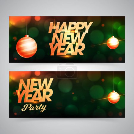 Téléchargez les illustrations : Ensemble de conception de bannière ou d'en-tête avec décor de boule réaliste sur fond vert brillant effet de lumière Bokeh pour la célébration du Nouvel An. - en licence libre de droit