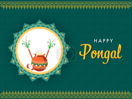 Happy Pongal Poster Design avec plat traditionnel (riz) Filles Mud Pot et canne à sucre.