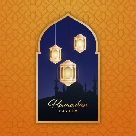 Ilustración de Festival del Mes Santo de la Comunidad Musulmana Ramadán Kareem Concepto de Celebración con Linterna Iluminada Dorada Decora la Mezquita de la Silueta en el Fondo del Patrón Floral Amarillo. - Imagen libre de derechos