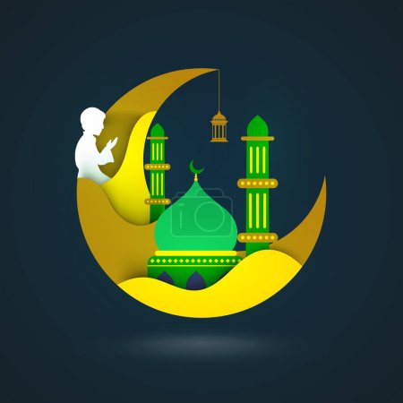Illustration for Illustration of Crescent Moon with Mosque and Praying Boy for Muslim Community Festival of Ramadan Kareem Celebration Concept. - Royalty Free Image
