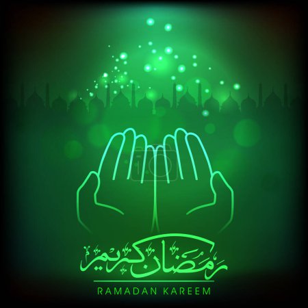 Illustration for Golden Arabic Calligraphy Of Ramadan Kareem with Islamic Human Open Hands for Praying on Green Light Effect Silhouette Mosque Background. - Royalty Free Image