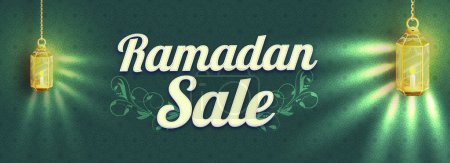 Téléchargez les illustrations : Mois sacré islamique, Ramadan vente bannière décorée avec une lanterne suspendue lumineuse sur beau fond de conception florale verte. - en licence libre de droit