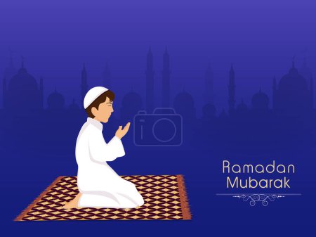 Illustration for Islamic Festival Ramadan Mubarak Concept with Muslim Religious Boy Praying At Mat on Violet Silhouette Mosque Background. - Royalty Free Image