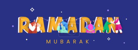 Illustration for 3D Style Ramadan Mubarak Font with Islamic People Offering Namaz (Prayer) And Donating Food on Violet Background. Banner Or Header Design. - Royalty Free Image