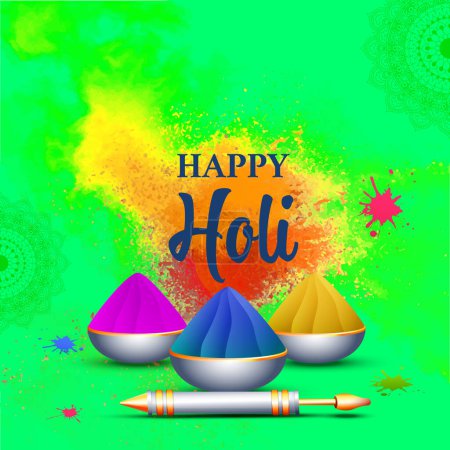 Illustration for Happy Holi Celebration Poster Design with Dry Colors (Gulal) in Bowls and Water Gun (Pichkari) on Abstract Green Background. - Royalty Free Image