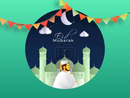 Paper Cut Islamic Festival Card oder Poster Design mit Illustration junger muslimischer Männer, die sich anlässlich der Eid Mubarak Feier vor der Moschee umarmen.