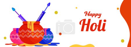 Happy Holi Header oder Banner Design mit Aquarell Ton Topf mit Squirt Gun Illustration.