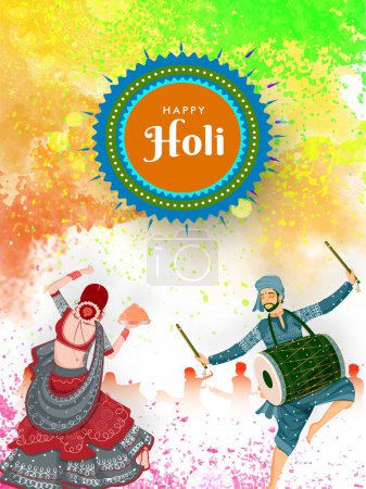 Illustration for Cartoon Indian Female Dancing with Drummer Man, Gulal Bowl (Dry Color) on The Occasion of Happy Holi Celebration. Can Be Used Design as a Template Design. - Royalty Free Image