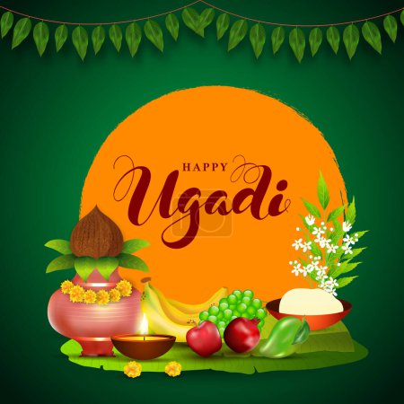 Téléchargez les illustrations : Happy Ugadi Poster Design avec pot d'adoration (Kalash), fruits, lampe à huile illuminée, feuilles de Neem, bol de fleurs et de sel sur fond vert et jaune. - en licence libre de droit