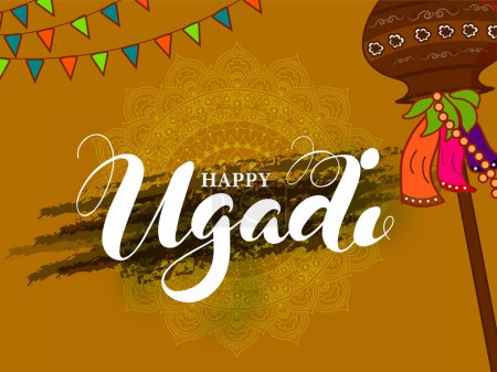 Téléchargez les illustrations : Happy Ugadi Celebration Concept avec Gudhi Illustration sur Olive Green Brush Effect Mandala Pattern Arrière-plan. - en licence libre de droit