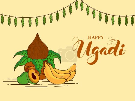 Téléchargez les illustrations : Illustration de vénération pot (Kalash) avec des fruits et des feuilles de mangue guirlande décorée sur fond jaune pastel pour Joyeux concept de célébration Ugadi. - en licence libre de droit
