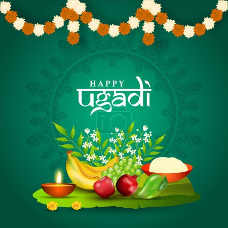 Téléchargez les illustrations : Happy Ugadi Poster Design avec des fruits, feuilles de Neem, fleurs, lampe à huile illuminée, salière et guirlande de fleurs décorées sur fond de Mandala vert. - en licence libre de droit