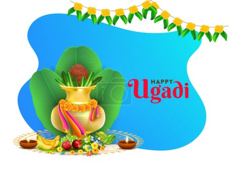 Happy Ugadi Celebration Concept mit Worship Pot (Kalash), Bananenblättern, Früchten, Blumen und beleuchteten Öllampen auf abstraktem blau-weißem Hintergrund.