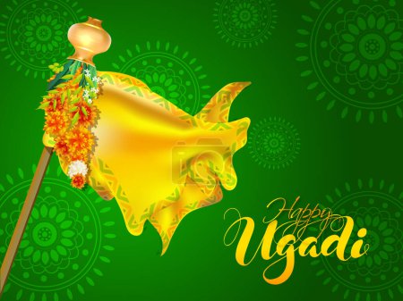 Téléchargez les illustrations : Illustration de tissu jaune brillant, guirlande de fleurs, feuilles de Neem et Kalash Pot sur fond de motif floral Mandala vert pour Happy Ugadi Festival Celebration Concept. - en licence libre de droit