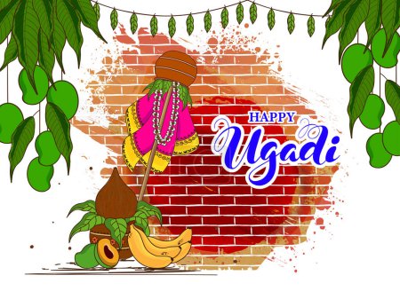 Téléchargez les illustrations : Joyeux concept de célébration Ugadi avec Gudhi traditionnel, pot d'adoration (Kalash) et mangue sur fond mural en brique brune et blanche. - en licence libre de droit