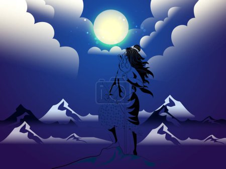 Ilustración de Hindú mitología Señor Shiva de pie sobre hielo roca en sol montaña violeta fondo. - Imagen libre de derechos