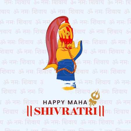 Illustration for Hindu Festival of Happy Maha Shivaratri Celebration Concept with illustration of Lord Shiva And Goddess Parvati Hands Together on Om Namah Shivaya Hindi Text Pattern Background. - Royalty Free Image