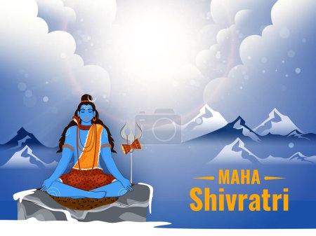 Ilustración de Festival Hindú de Maha Shivaratri Concepto de Celebración con el Señor Shiva Meditando en Rock Flotante e Ilustración de Montaña Glaciar Brillante. - Imagen libre de derechos
