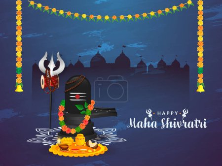 Illustration for Hindu Lord Shiva Lingam Statue with Trishul (Trident), Worship Plate and Floral Garland (Toran) Decoration Blue Silhouette Temple For Happy Maha Shivratri Celebration Concept. - Royalty Free Image