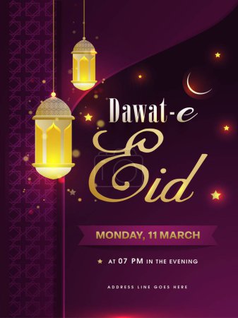 Illustration for Dawat-E-Eid Invitation Card or Flyer Design with Illuminated Lamps Hang and Event Details. - Royalty Free Image