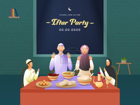 Illustration von muslimischen Familien, die vor dem Fastenbrechen beten, köstliche Mahlzeiten auf dem heimischen Esstisch für das Konzept der Iftar-Party. Kann als Einladungskarte verwendet werden.