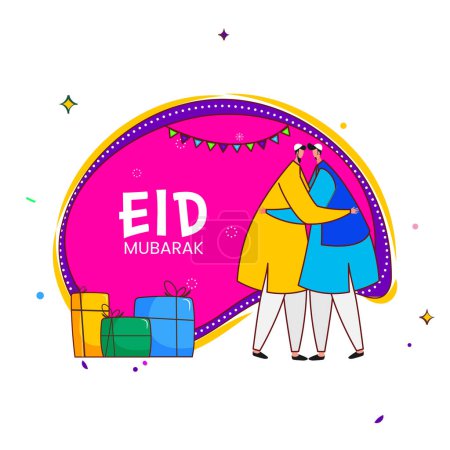 Islamic Festival of Eid Mubarak Celebration Concept with Cartoon Muslim Men Hugging Each Other, Gift Boxes and Bunting Flag Decoration.