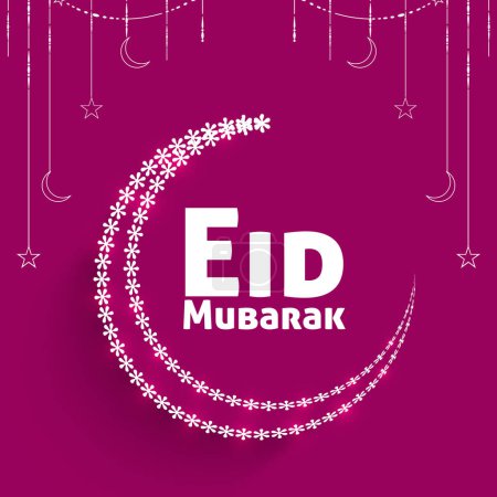 Islamisches Festkonzept zum Eid Mubarak-Fest mit weißen winzigen Blumen, die einen Halbmond bilden, Sternendekoration auf rosa Hintergrund.