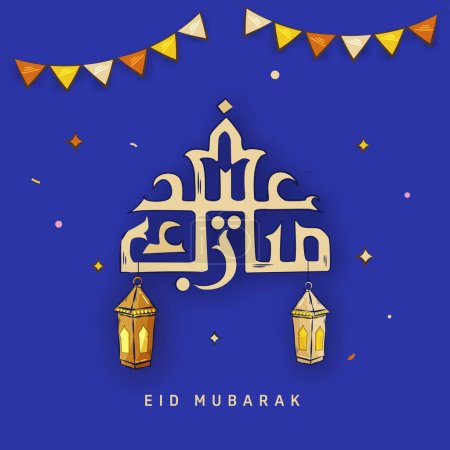 Arabische Kalligraphie des Eid Mubarak mit hängenden Laternen und wehenden Fahnen auf blauem Hintergrund für das Konzept des islamischen Festes.