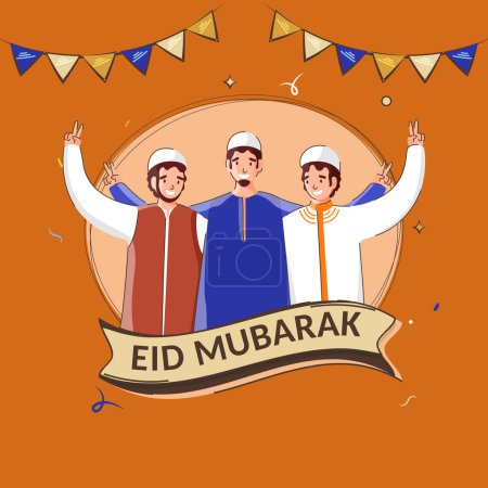 Festival Islámico de Eid Mubarak Concepto de Celebración con Hombres Musulmanes Alegre Ilustración de dibujos animados.