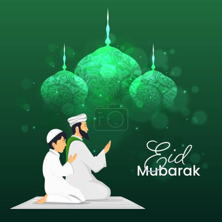 Cartoon Muslim Man and Boy Together Offering Namaz at Mat in Front Mosque at Light Effect Green Background for Islamic Festival Eid Mubarak Celebration Concept.