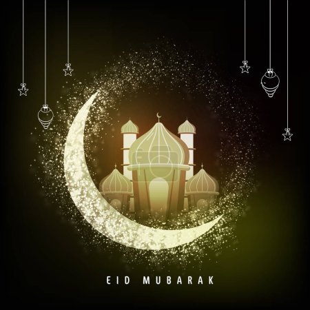 Islamisches Eid-Mubarak-Festkonzept mit Lichteffekt Halbmond mit Moschee und Stern, Laterne auf grünem Hintergrund.