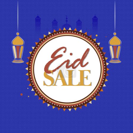 Islamic Festival Sale Poster Design mit Eid Mubarak Botschaft Mandala Rahmen, Silhouette Moschee und hängende Laterne auf violettem Hintergrund.