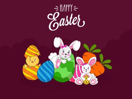 Illustration for Happy Easter Celebration Concept with Cartoon Cute Chick, Bunny, Painted Eggs and Carrots Illustration.. - Royalty Free Image