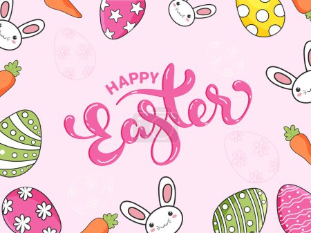 Illustration for Happy Easter Celebration Concept with Cartoon Cute Bunny Face, Painted Eggs and Carrots Illustration. - Royalty Free Image