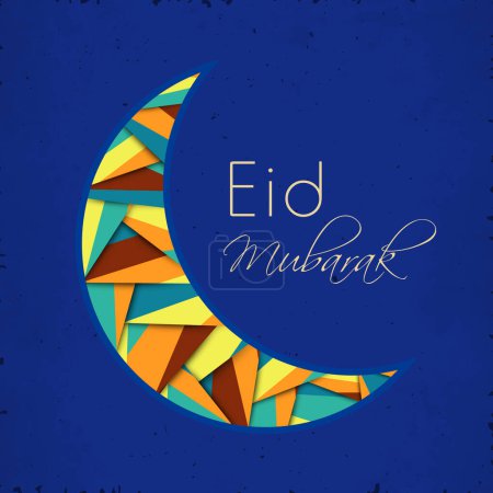 Shiny Colorful Abstract Curve Moon on Glossy Blue for Muslim Community Festival Aïd Moubarak.