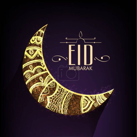 Beautiful Floral Design Decorated Crescent Moon on Glossy Purple Background for Muslim Community Festival, Eid Mubarak (Happy Eid) Celebration Concept.