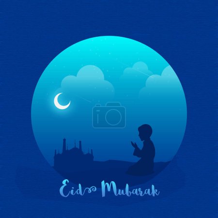 Silhouette Young Muslim Boy Doing Dua In Front of Mosque at Crescent Moon During Islamic Festival, Eid Mubarak.