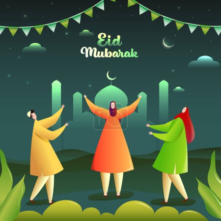 Fröhliche Musliminnen und -männer feiern das Fest Eid Mubarak vor der Moschee im Hintergrund der Natur.