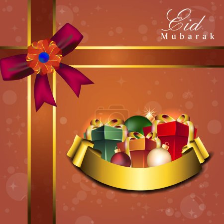 Islamic Festival of Eid Mubarak Card Design with Gift Boxes, Baubles on Light Effect Peach Background.