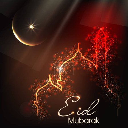 Mosquée de formation de lumière jaune et rouge avec croissant de lune à fond sombre pour la fête islamique de l'Aïd Moubarak.