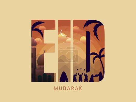 Image Filled Text of Silhouette Muslim People Celebrating Festival of Festival Eid Mubarak with Mosque in Crescent Moon.