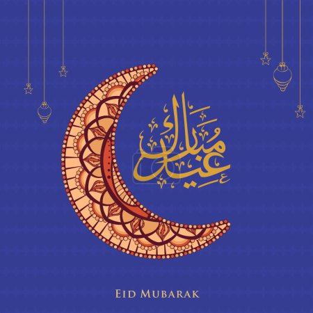 Vereinzelter gebogener geblümter Mond mit Eid Mubarak arabischer Kalligrafie, hängender Laterne und Stern auf blauem Hintergrund zur Feier des muslimischen Gemeindefestes.