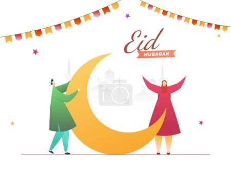 Personaje de dibujos animados de hombre joven y mujer con luna creciente, mezquita de siluetas y decoración de bunting para Eid Mubarak, celebración del Festival Islámico.
