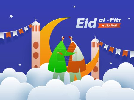 Personaje de dibujos animados Dos hombres musulmanes abrazando con luna creciente, Skyline Mezquita Minarete en papel cortado Nubes Fondo. Cartel del Festival Islámico de Eid Mubarak o diseño de tarjetas de felicitación.