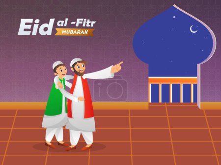 Carácter de dibujos animados de los hombres felices abrazándose y viendo la luna creciente con motivo de la celebración del Festival Eid-Al-Fitr. Tarjeta de felicitación del Festival Islámico o diseño de póster.
