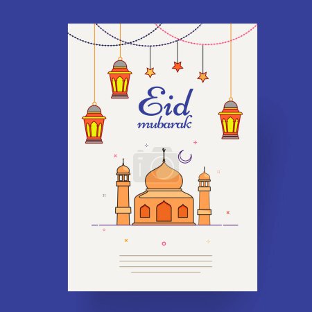 Islamic Festival of Eid Mubarak Greeting or Invitation Card Design with Doodle Style Mosque, Hanging Lantern, Star Decor.